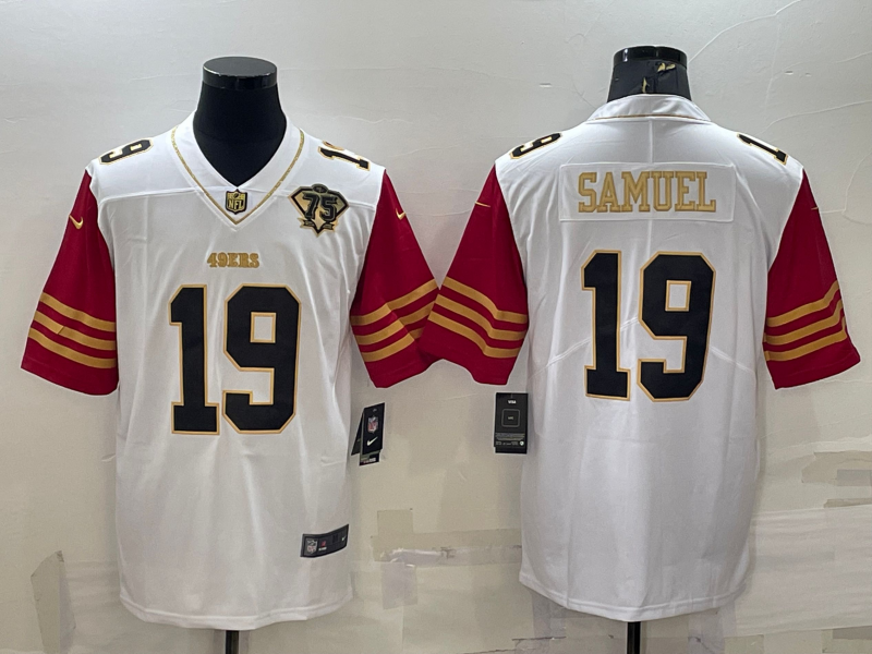 Men's San Francisco 49ers #19 Deebo Samuel White Gold With 75th Anniversary Patch Stitched Jersey Men's San Francisco 49ers #19 Deebo Samuel White Gold With 75th Anniversary Patch Stitched Jersey